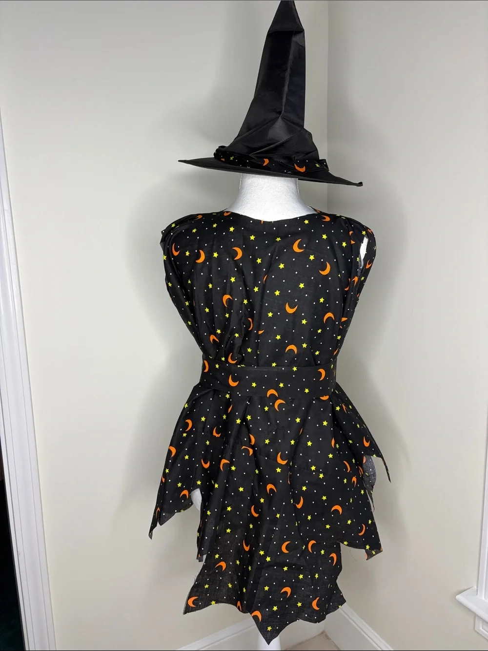 Kids Black Hand Made Witch Costume Dress with Orange Moon Print